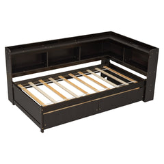 Twin Size L-shaped Bookcases Bed with Power Outlets, USB Charging Ports,Two Drawers,Espresso
