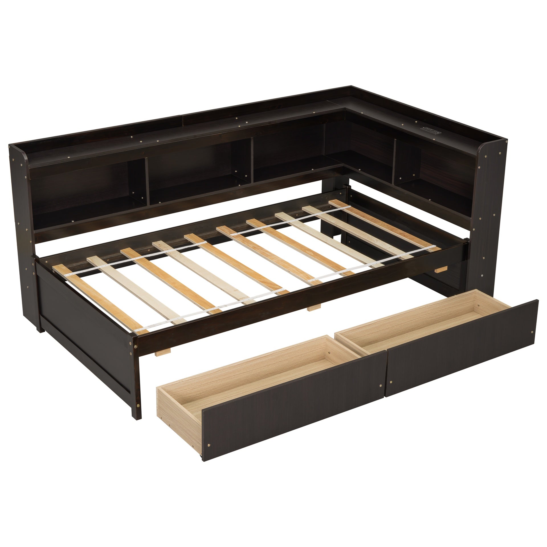Twin Size L-shaped Bookcases Bed with Power Outlets, USB Charging Ports,Two Drawers,Espresso