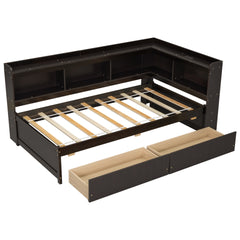 Twin Size L-shaped Bookcases Bed with Power Outlets, USB Charging Ports,Two Drawers,Espresso
