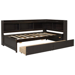 Twin Size L-shaped Bookcases Bed with Power Outlets, USB Charging Ports,Two Drawers,Espresso