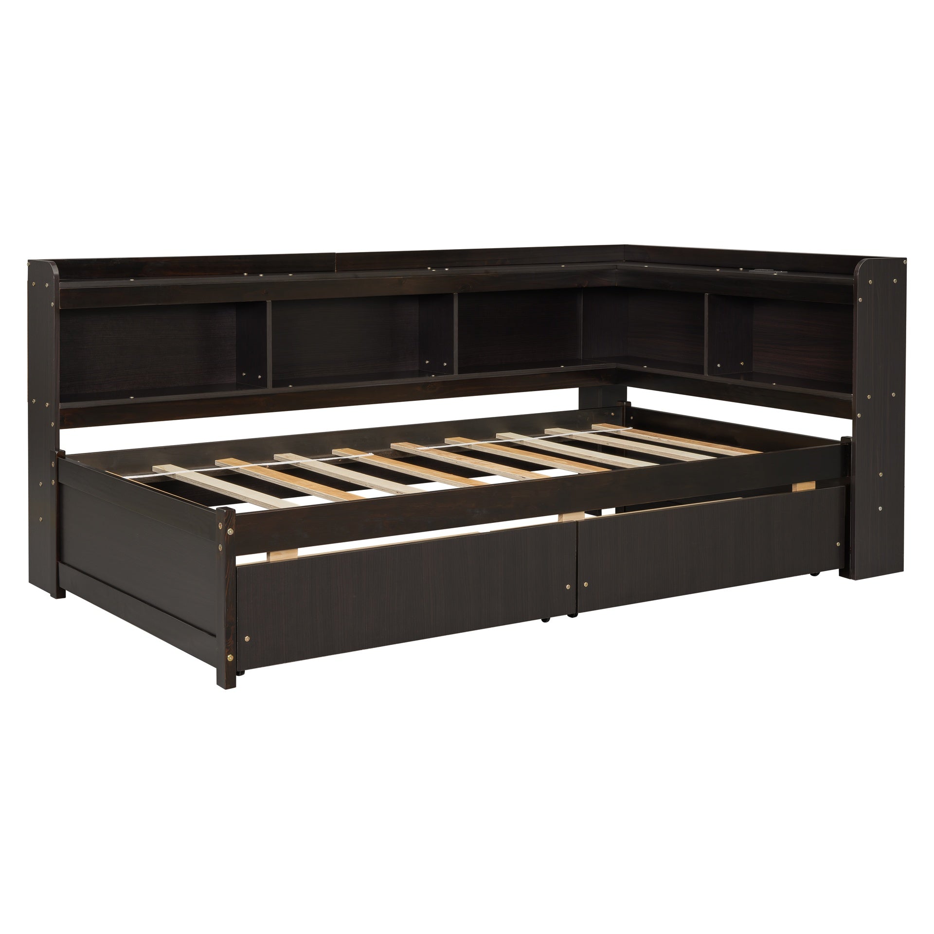 Twin Size L-shaped Bookcases Bed with Power Outlets, USB Charging Ports,Two Drawers,Espresso