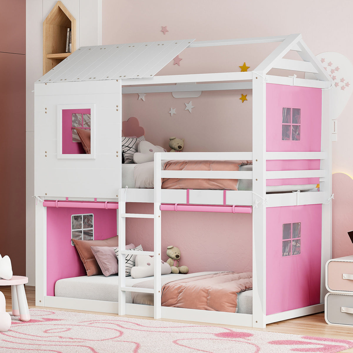 Twin Size Bunk Wood House Bed with Tent, Pink+White