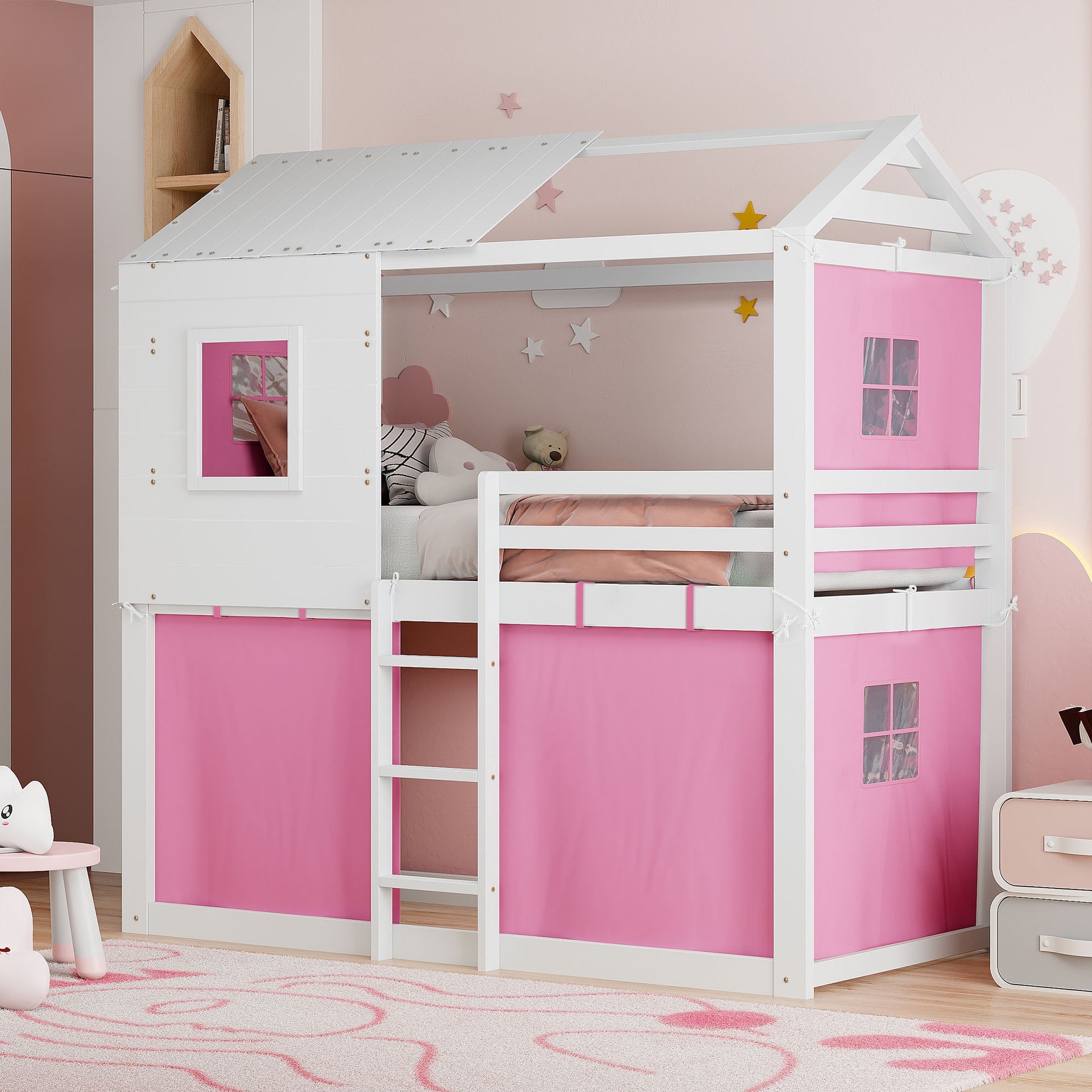 Twin Size Bunk Wood House Bed with Tent, Pink+White