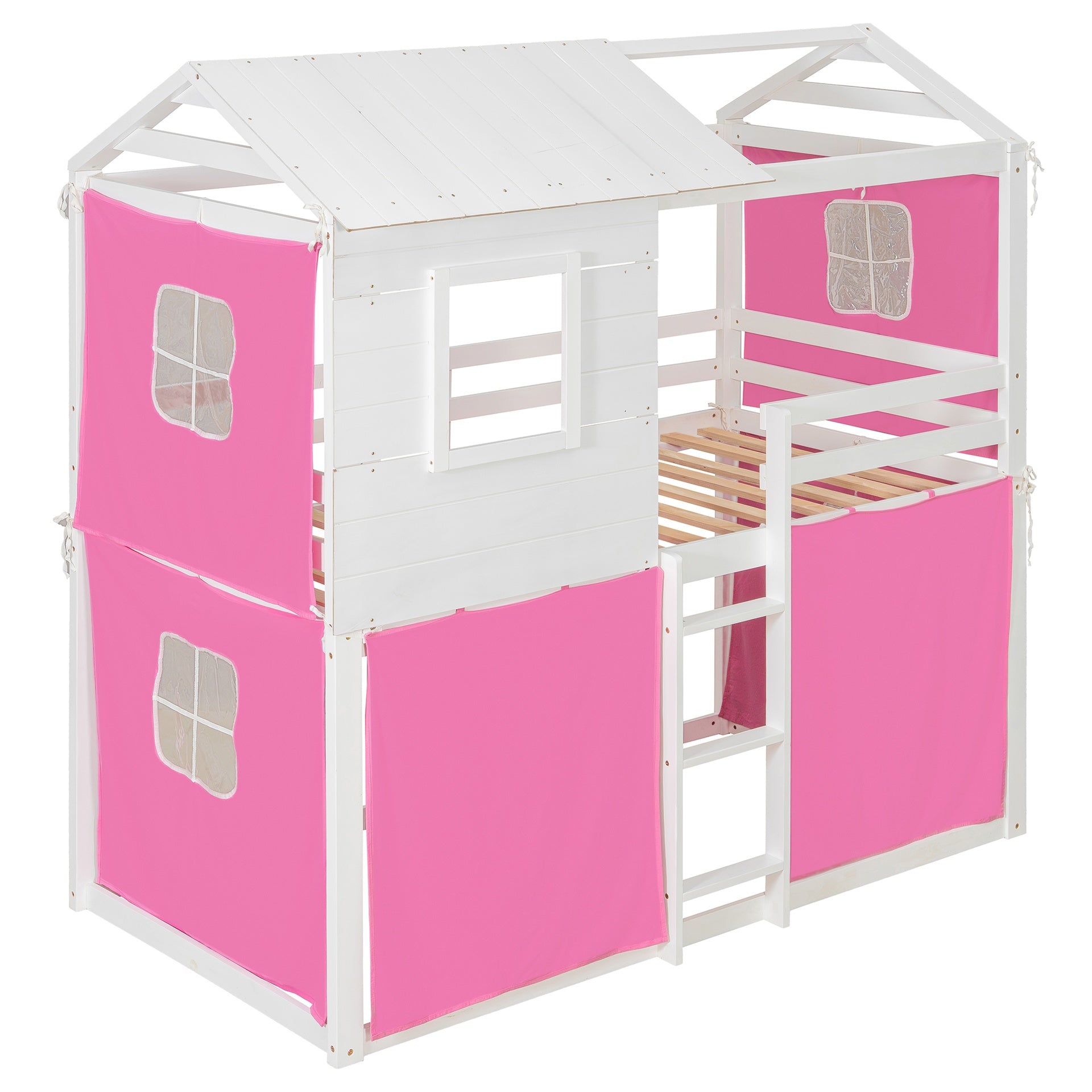 Twin Size Bunk Wood House Bed with Tent, Pink+White
