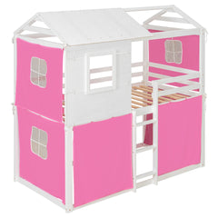 Twin Size Bunk Wood House Bed with Tent, Pink+White