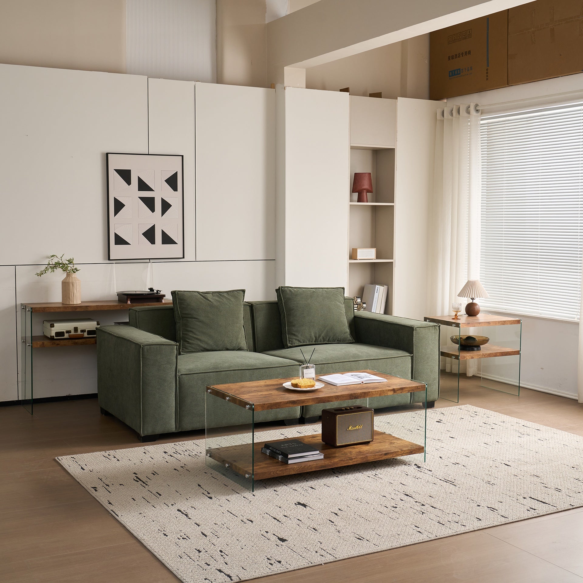 MDF SideTable, Small Tea Table, Walnut Night Stand Tempered Glass Sofa Table