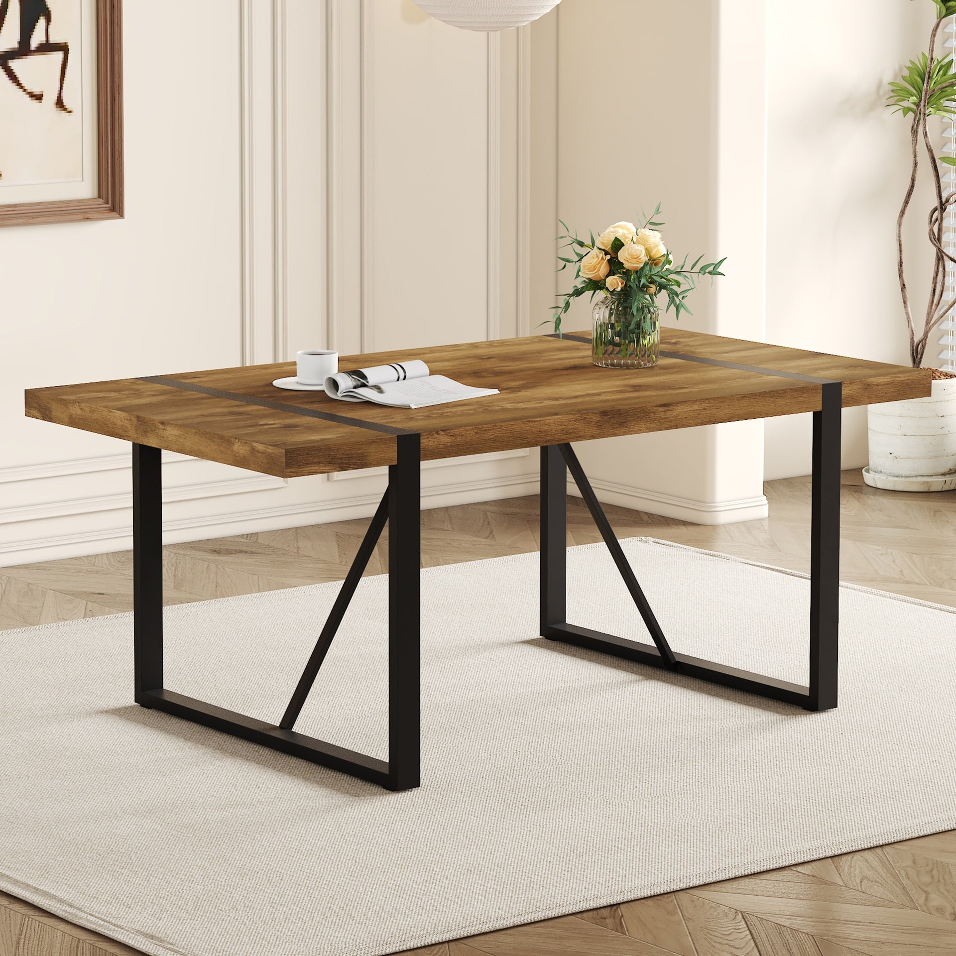 Rustic Industrial Rectangular Wood Dining Table For 4-6 Person, Thick Engineered Wood color Tabletop and Black Metal Legs,Desk For Kitchen Dining Living Room