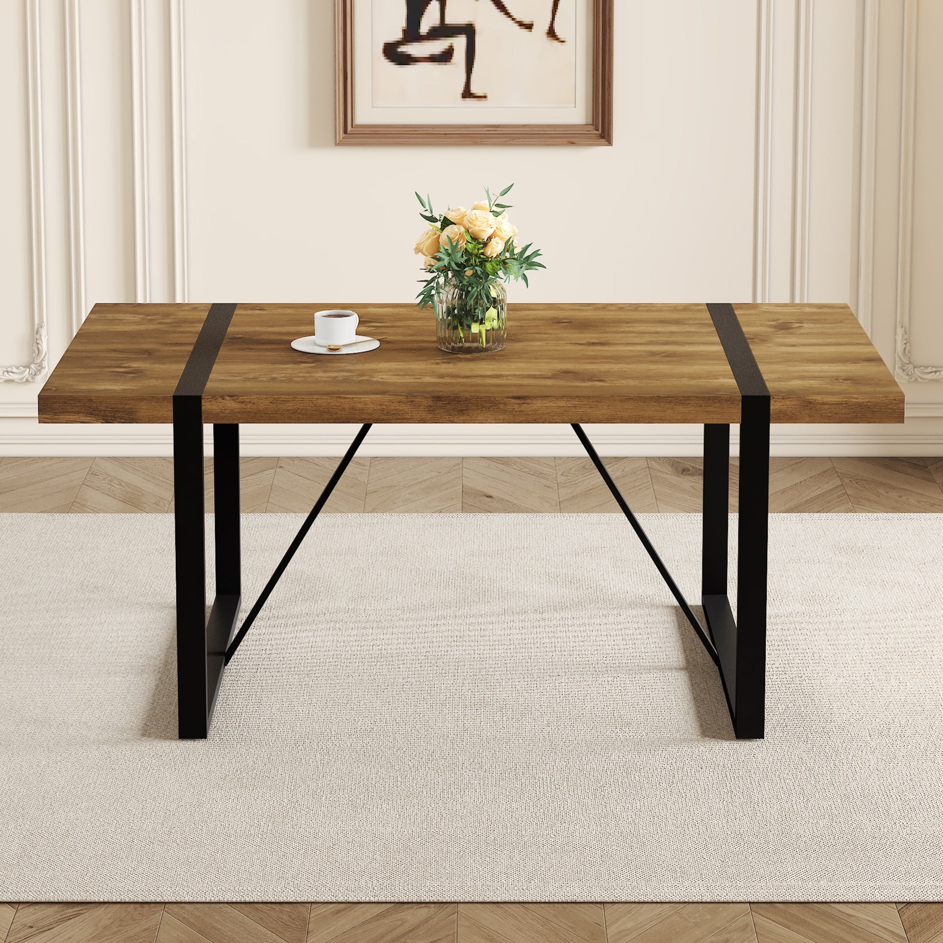Rustic Industrial Rectangular Wood Dining Table For 4-6 Person, Thick Engineered Wood color Tabletop and Black Metal Legs,Desk For Kitchen Dining Living Room