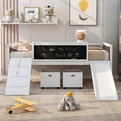 Twin size Loft Bed Wood Bed with Two Storage Boxes - White
