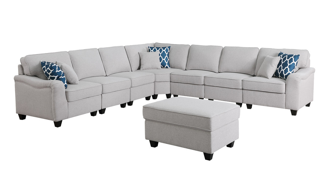 Leo 125" Light Gray Linen 8Pc Modular L-Shape Sectional Sofa and Ottoman