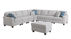 Leo 125" Light Gray Linen 8Pc Modular L-Shape Sectional Sofa and Ottoman