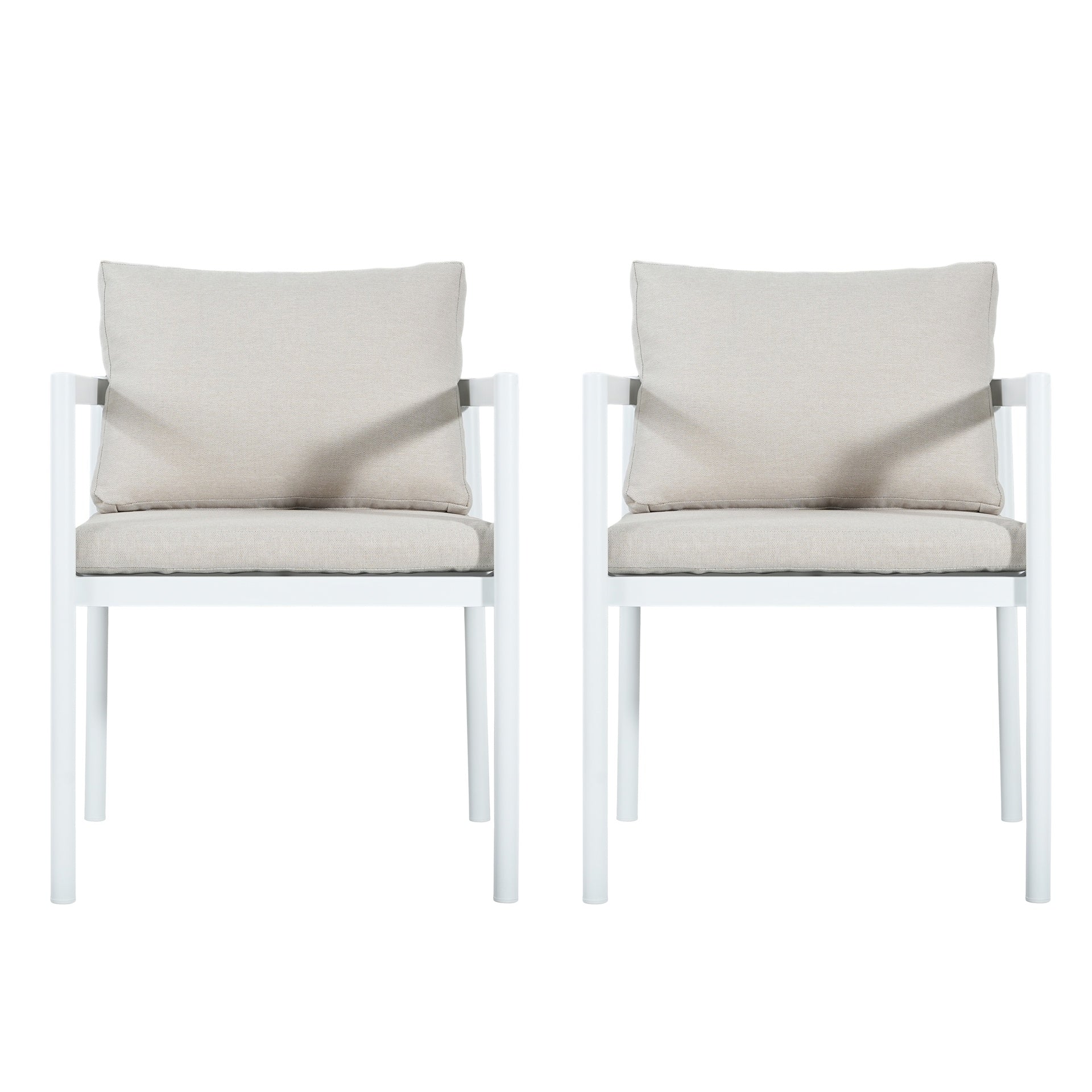 Outdoor Dining Chair Set of 2, All-Weather White Aluminum Frame Patio Chairs with Beige Fabric Cushions, 300lbs