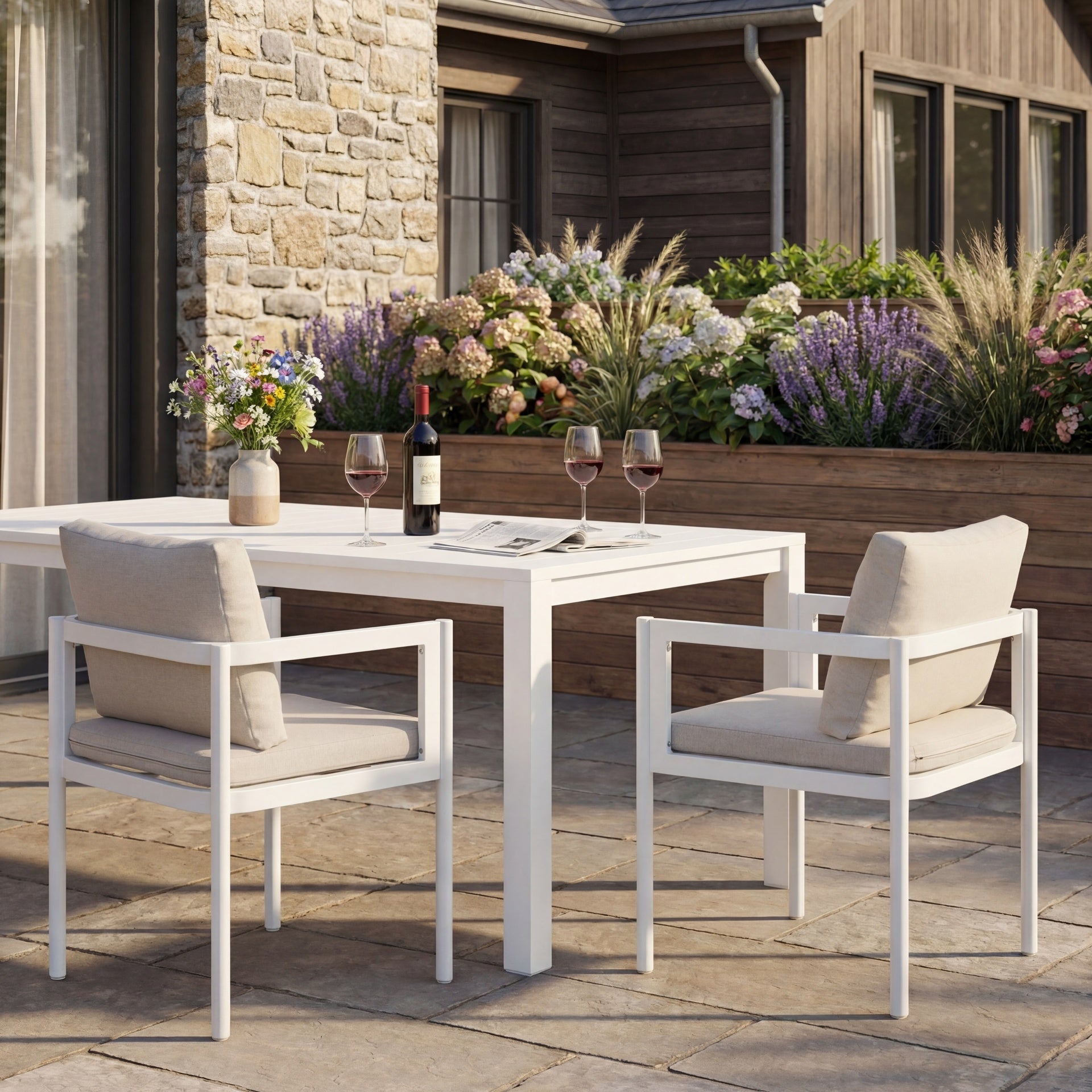 Outdoor Dining Chair Set of 2, All-Weather White Aluminum Frame Patio Chairs with Beige Fabric Cushions, 300lbs