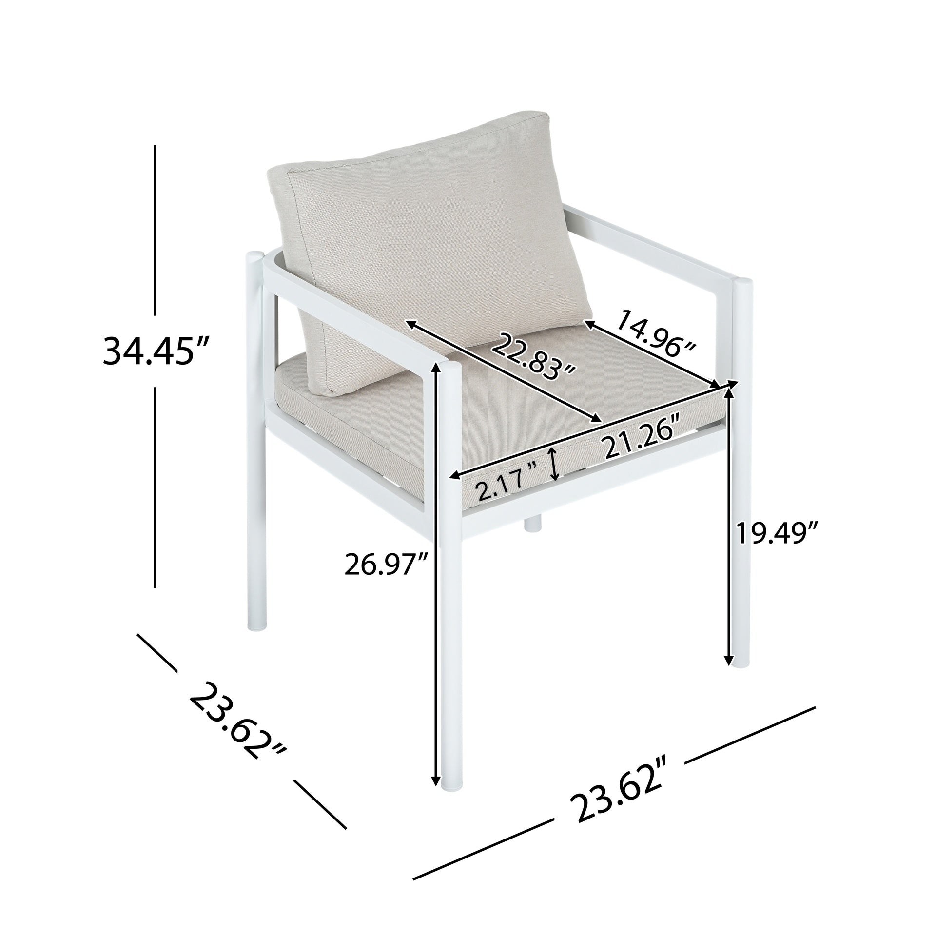 Outdoor Dining Chair Set of 2, All-Weather White Aluminum Frame Patio Chairs with Beige Fabric Cushions, 300lbs
