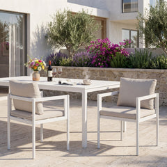 Outdoor Dining Chair Set of 2, All-Weather White Aluminum Frame Patio Chairs with Beige Fabric Cushions, 300lbs