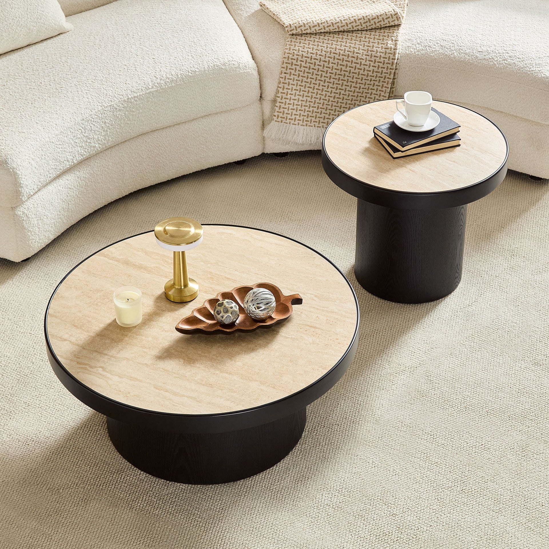 Set of 2 Coffee Table,MDF Round Coffee Table Sintered Stone Tabletop for Living Room ,Apartment,Leisure Area BLACK