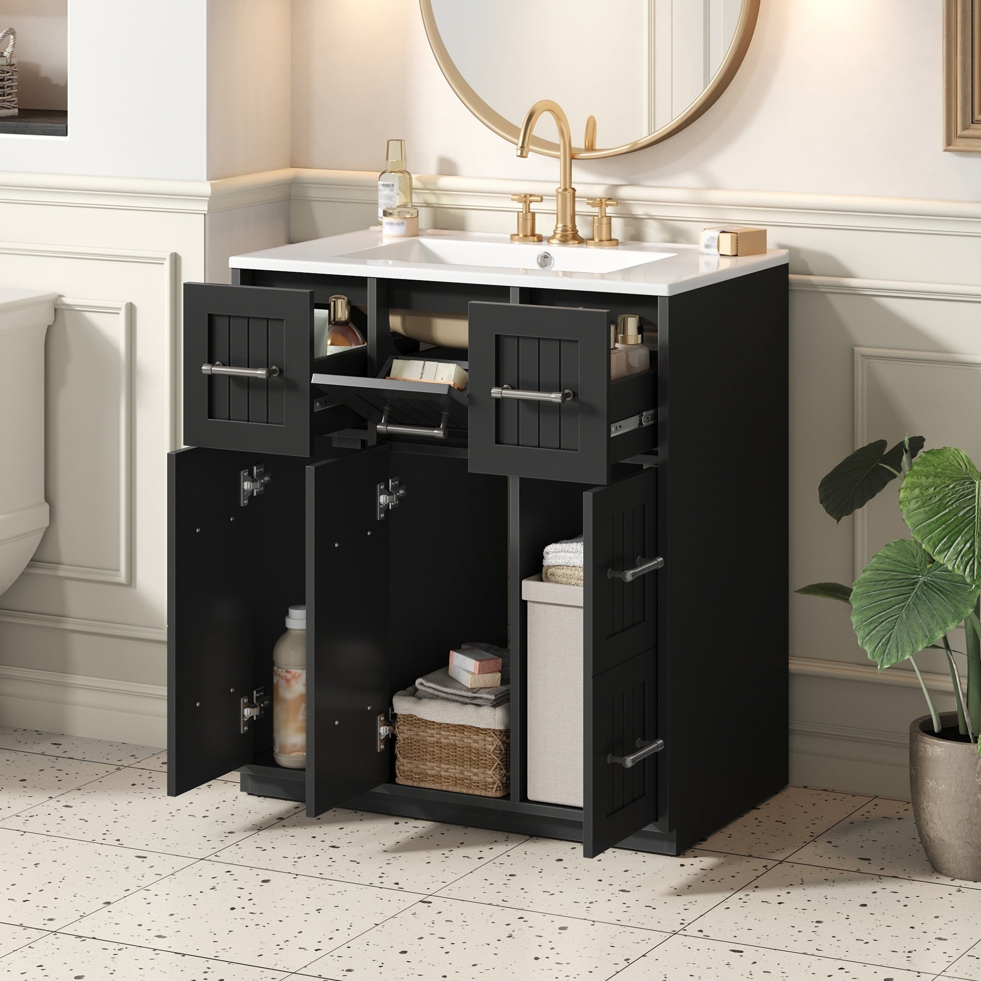 30inch Bathroom Vanity with Undermount Sink and Drawers, Painted Surface, Soft-Close Doors, Bathroom Cabinet with Tip-Out Drawer