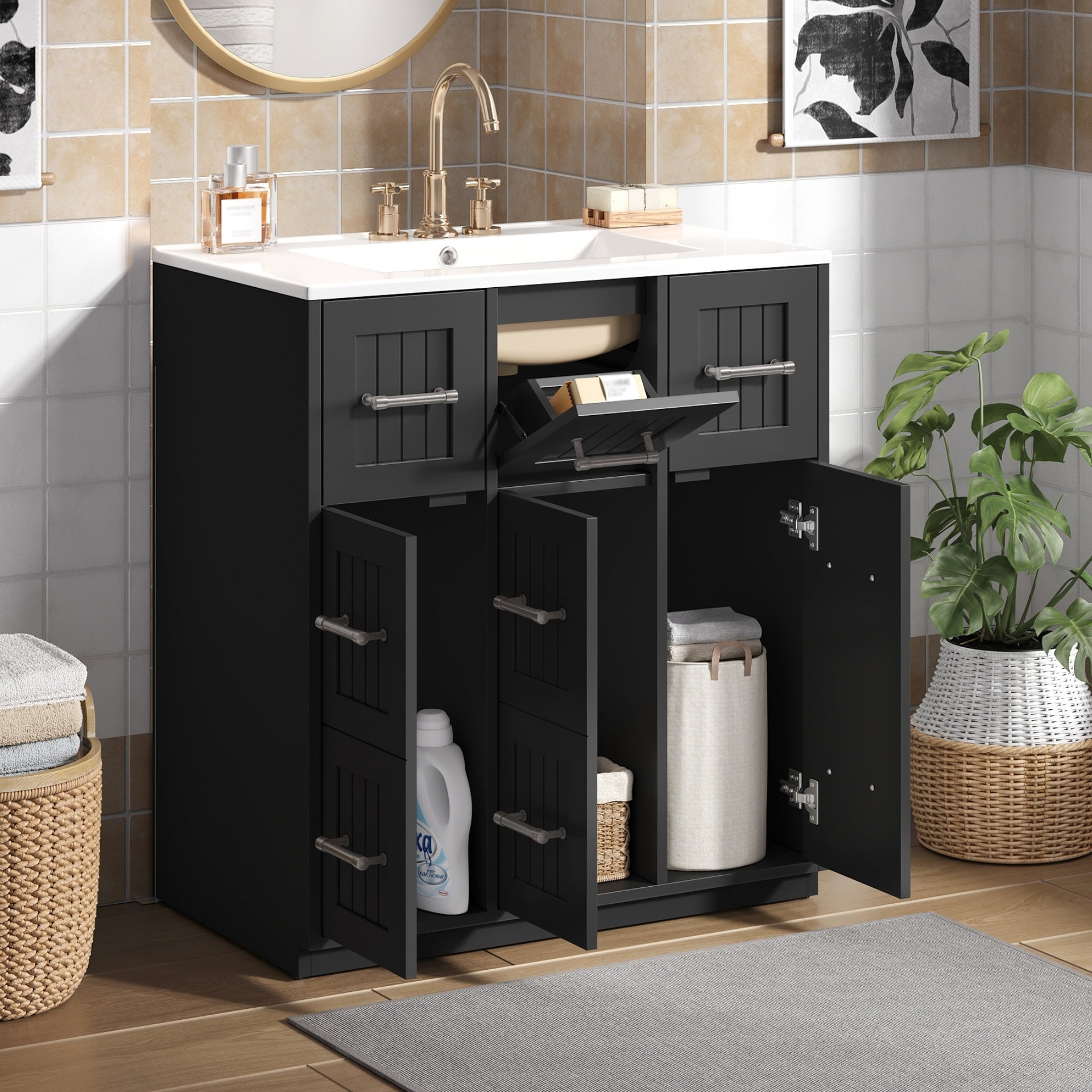 30inch Bathroom Vanity with Undermount Sink and Drawers, Painted Surface, Soft-Close Doors, Bathroom Cabinet with Tip-Out Drawer