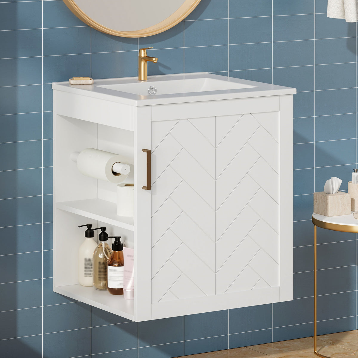 20" Wall Mounted Bathroom Cabinet with Side Cabinet Combo, Bathroom Cabinet with Soft-Closing Door, Modern Bathroom Vanity with Sink