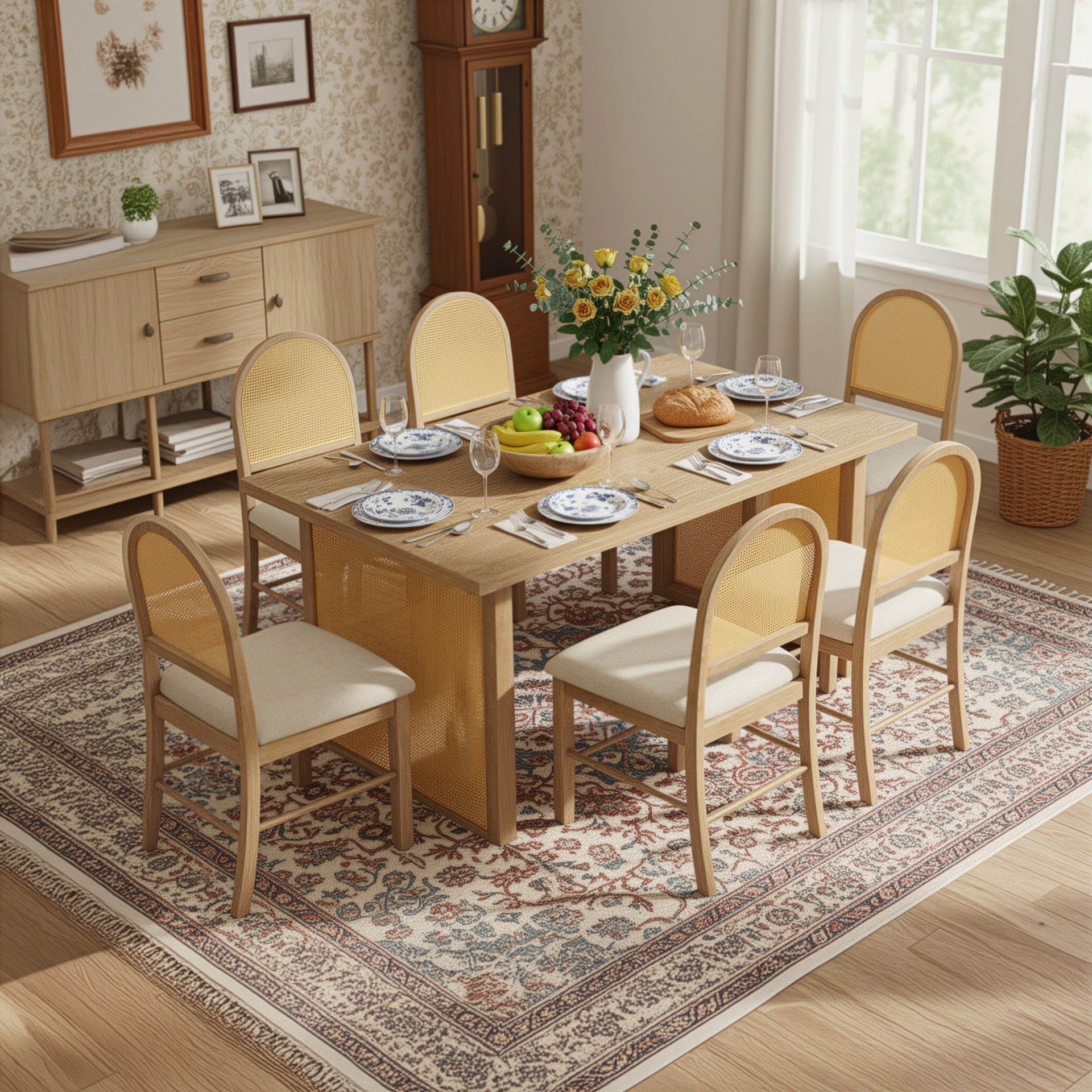 TREXM 7-Piece Farmhouse Dining Table Set for 6 - 59.8" Rectangular Dining Table with Distressed Oak Veneer and 6 Rattan Chairs, Rustic Kitchen Furniture for Dining Room(Natural)