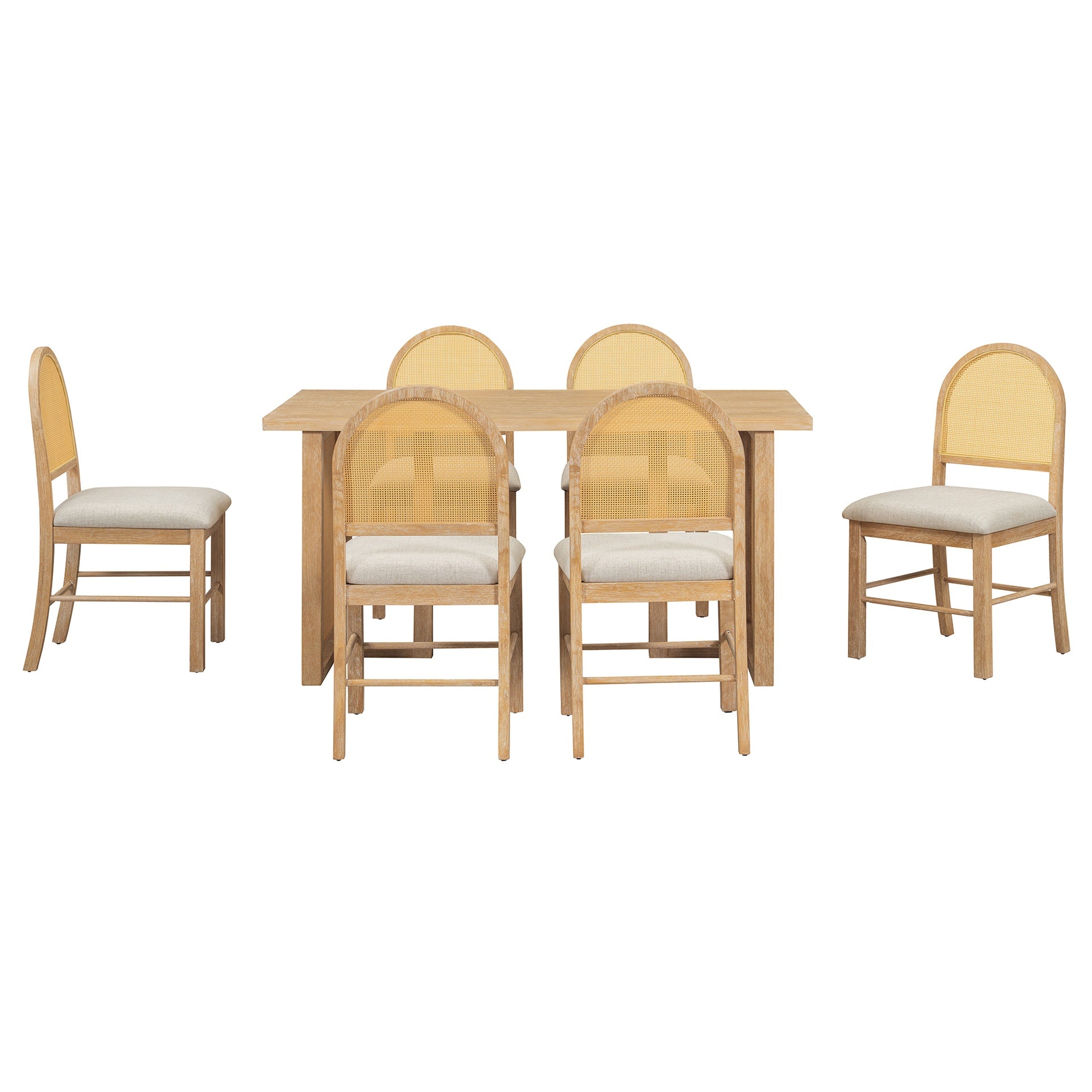 TREXM 7-Piece Farmhouse Dining Table Set for 6 - 59.8" Rectangular Dining Table with Distressed Oak Veneer and 6 Rattan Chairs, Rustic Kitchen Furniture for Dining Room(Natural)