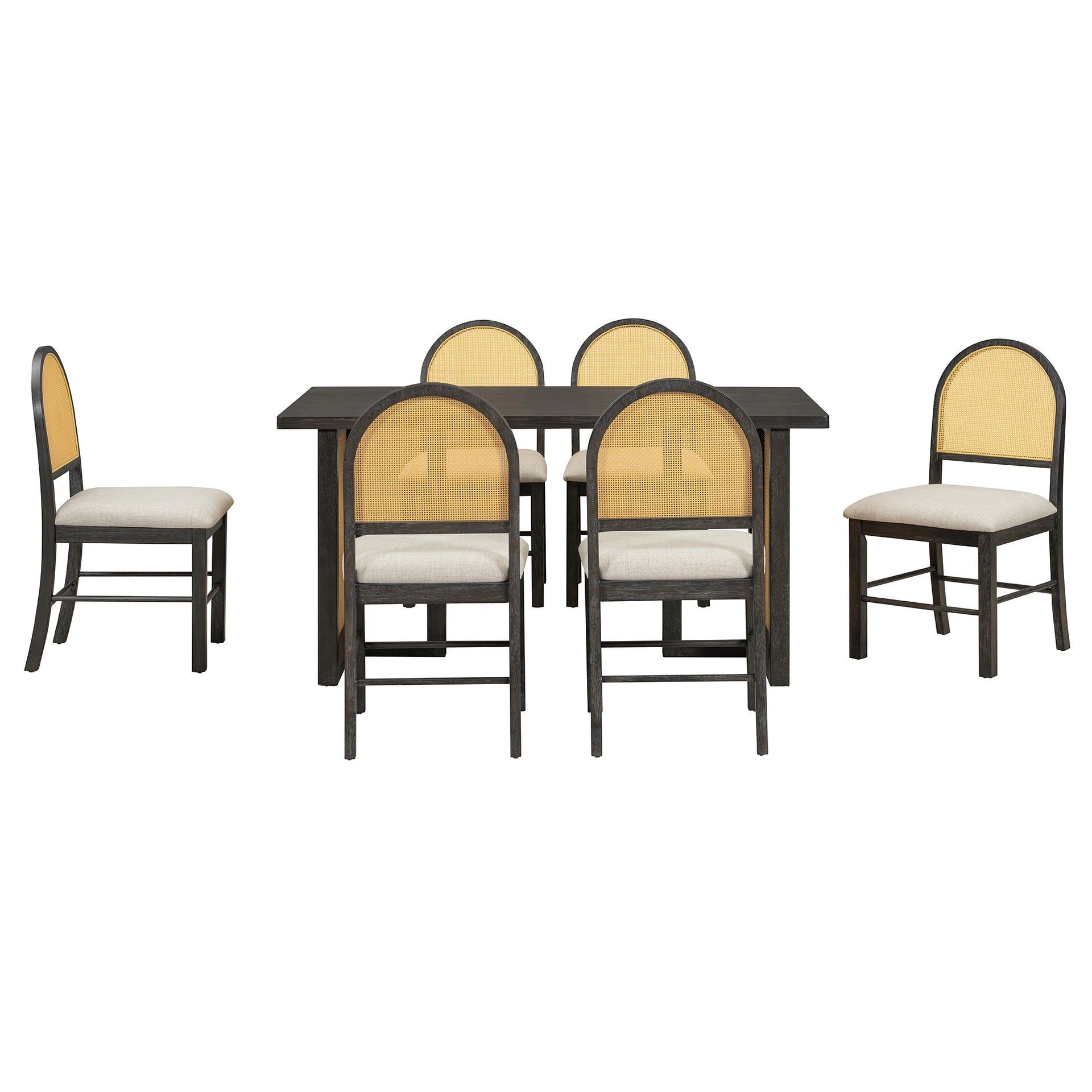 TREXM 7-Piece Farmhouse Dining Table Set for 6 - 59.8" Rectangular Dining Table with Distressed Oak Veneer and 6 Rattan Chairs, Rustic Kitchen Furniture for Dining Room(Espresso)
