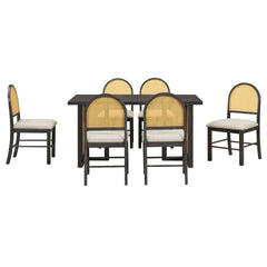 TREXM 7-Piece Farmhouse Dining Table Set for 6 - 59.8" Rectangular Dining Table with Distressed Oak Veneer and 6 Rattan Chairs, Rustic Kitchen Furniture for Dining Room(Espresso)