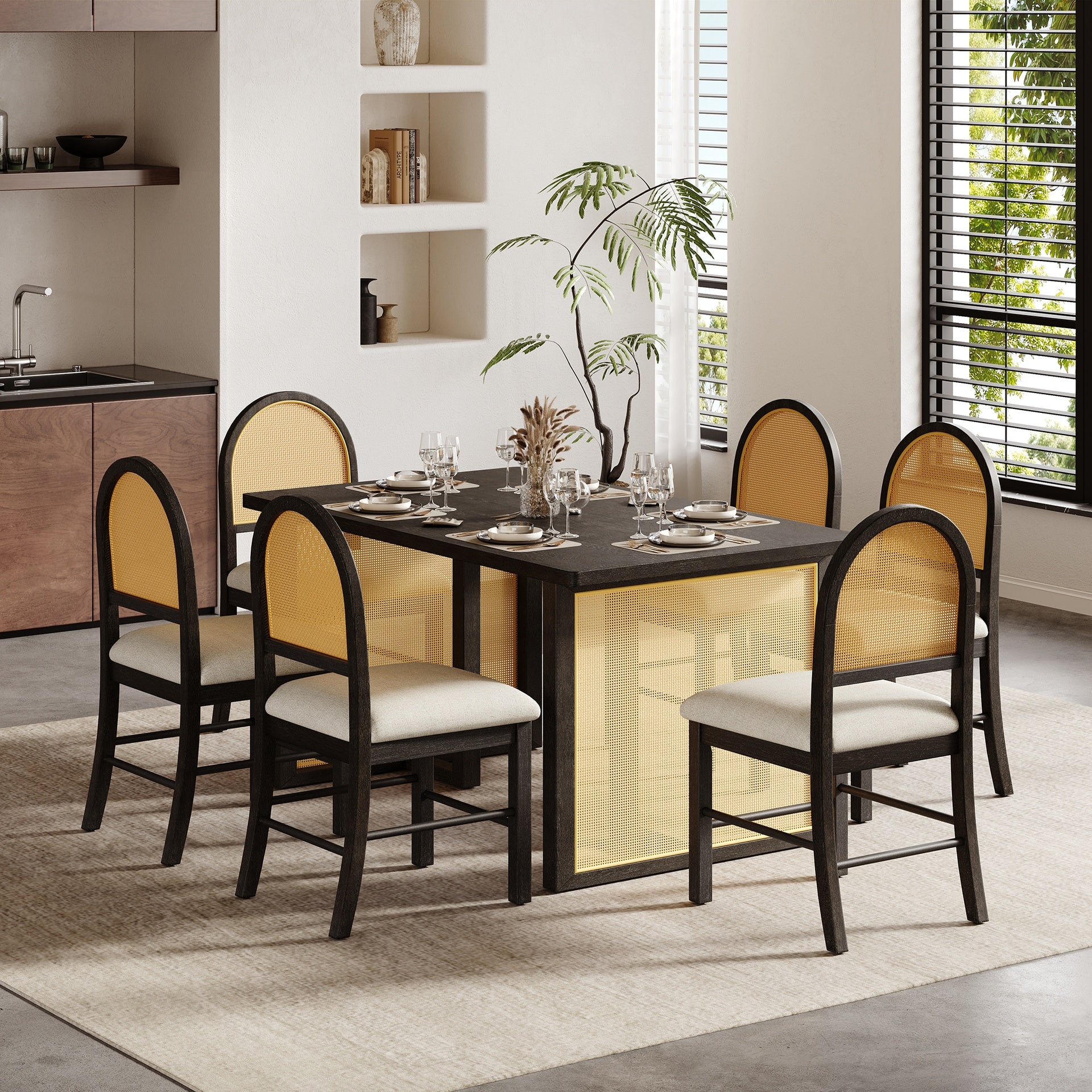 TREXM 7-Piece Farmhouse Dining Table Set for 6 - 59.8" Rectangular Dining Table with Distressed Oak Veneer and 6 Rattan Chairs, Rustic Kitchen Furniture for Dining Room(Espresso)