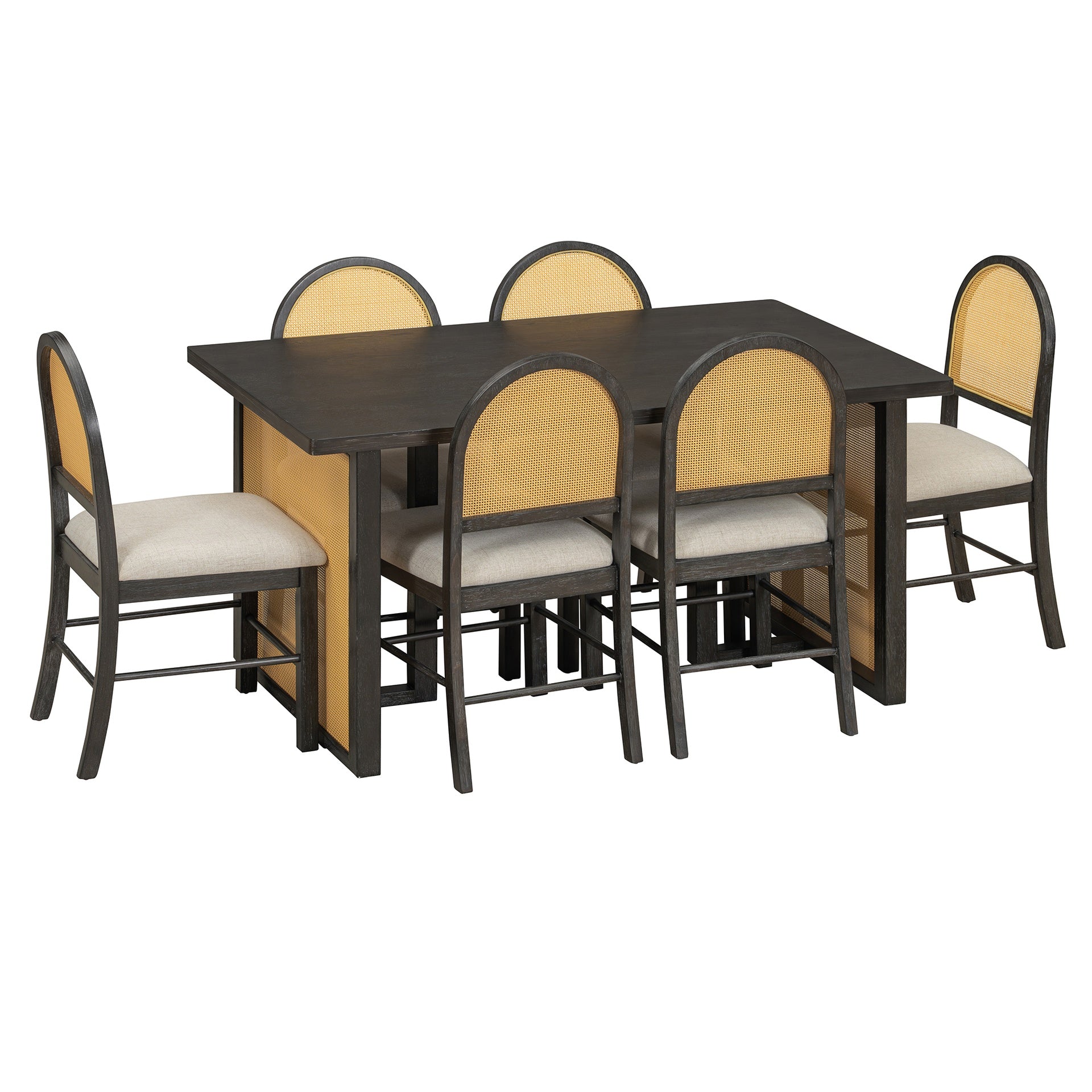TREXM 7-Piece Farmhouse Dining Table Set for 6 - 59.8" Rectangular Dining Table with Distressed Oak Veneer and 6 Rattan Chairs, Rustic Kitchen Furniture for Dining Room(Espresso)