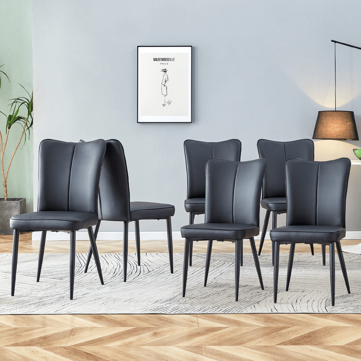 Modern Black PU Chair Set - Six Pieces, The backrest has a vertical and smooth line design.Suitable for placement in kitchen, living rooms, and other venues.