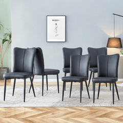 Modern Black PU Chair Set - Six Pieces, The backrest has a vertical and smooth line design.Suitable for placement in kitchen, living rooms, and other venues.