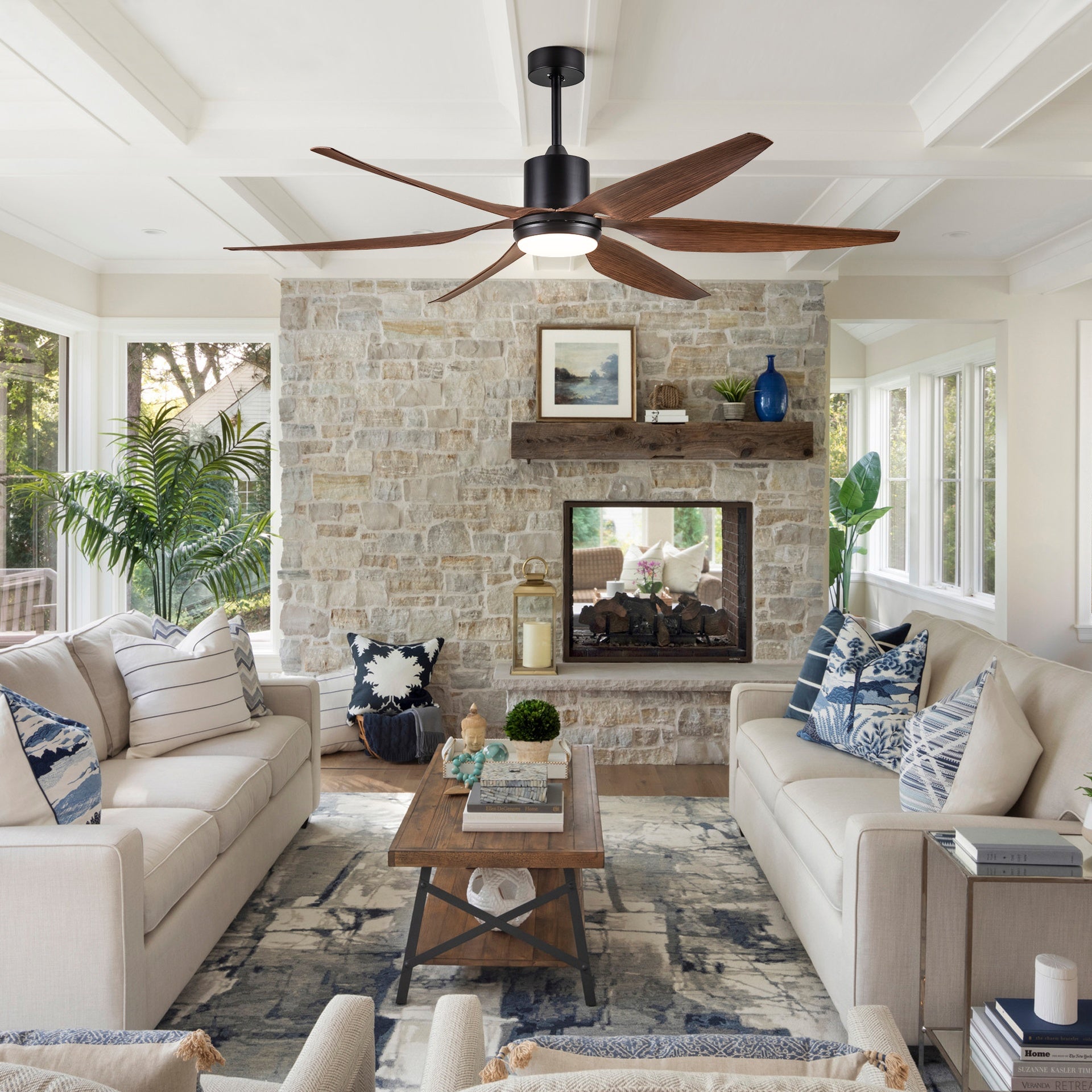 66" Vintage Ceiling Fan  Lighting with Brown Blades in Integrated LED