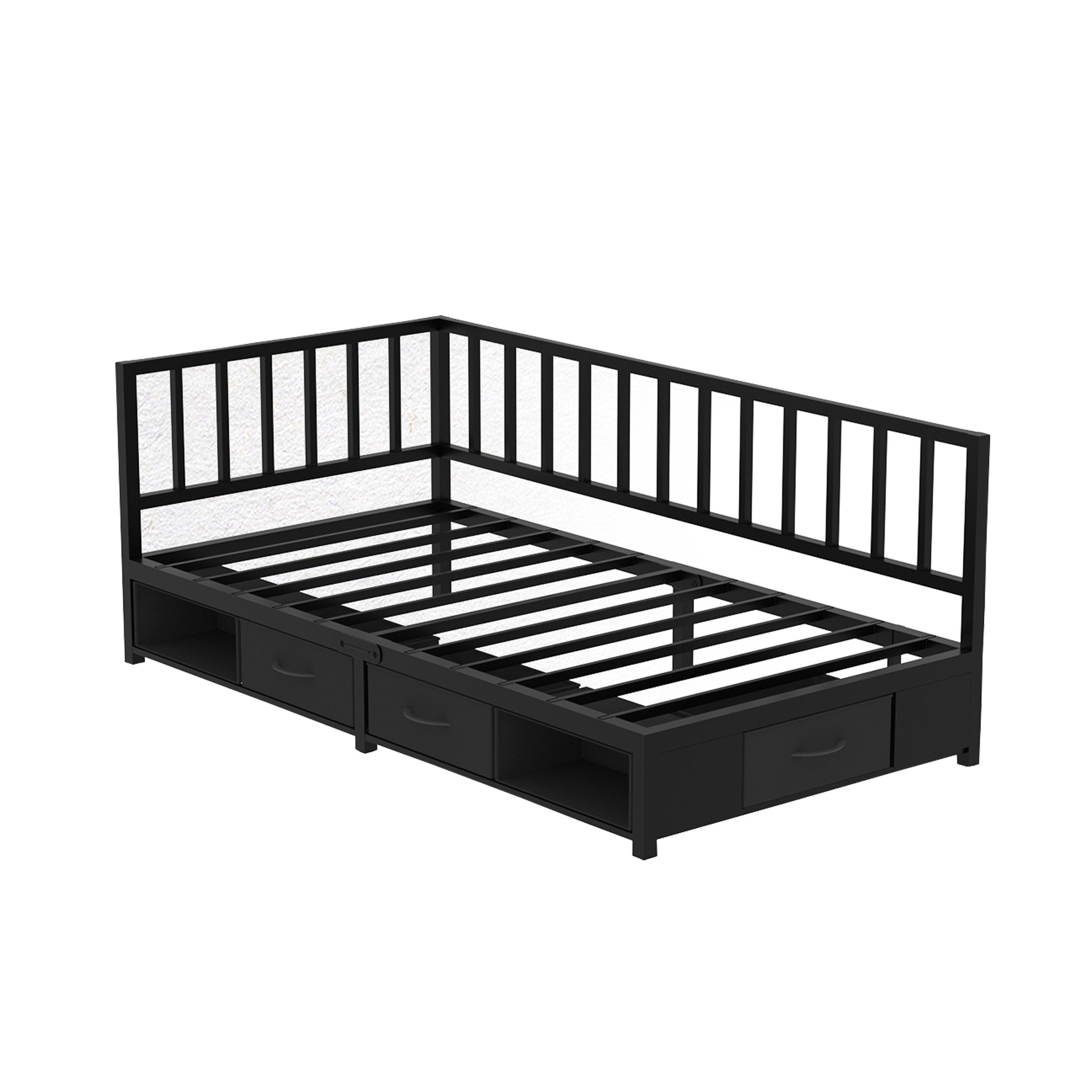 Corner Bed Frame Twin Daybed with Storage Drawers, Metal Platform Bed Frame with LED Light, Black