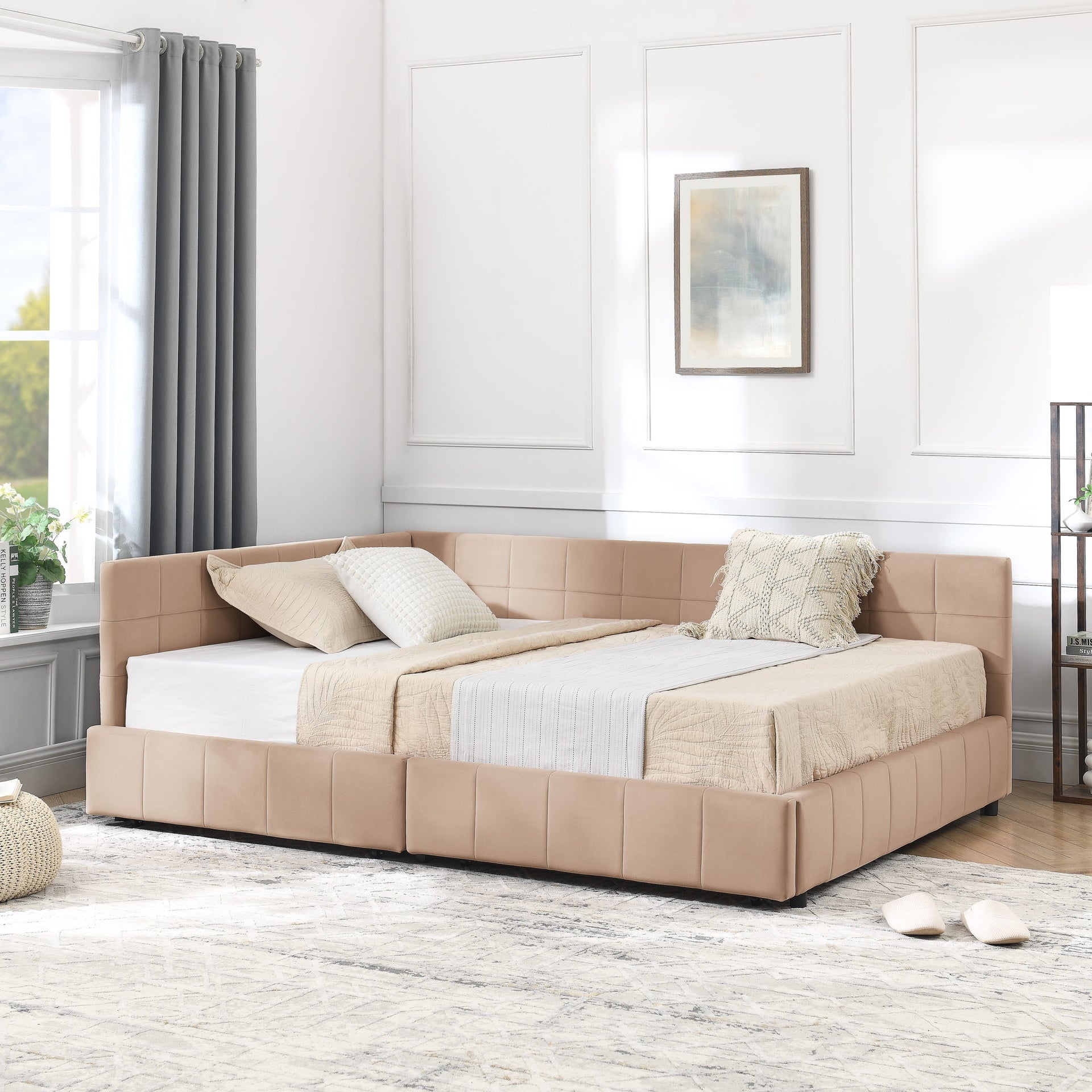 Full Size Storage Upholstered Tufted Bed Frame, Sofa Bed Frame with Comfortable Backrest and Armrests, Full Size Bed for Bedroom, Living Room,Velvet, PINK(80.5''*59''*29.5'')