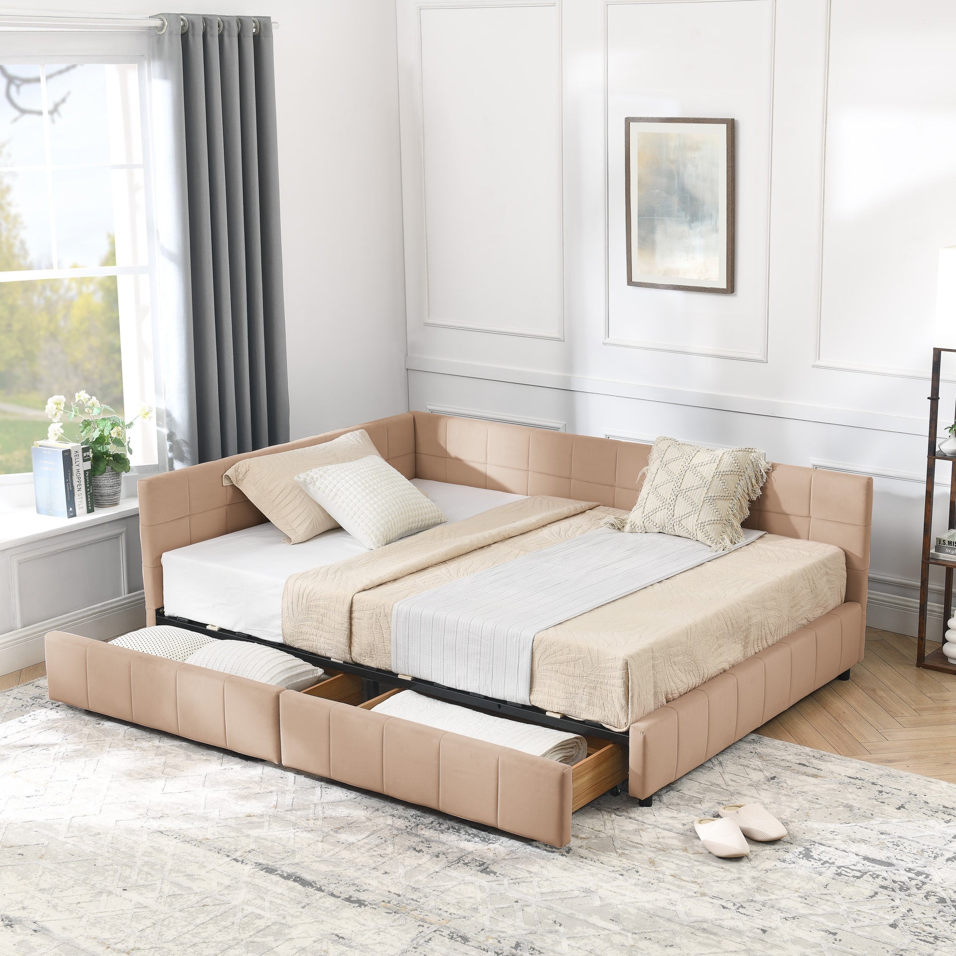 Full Size Storage Upholstered Tufted Bed Frame, Sofa Bed Frame with Comfortable Backrest and Armrests, Full Size Bed for Bedroom, Living Room,Velvet, PINK(80.5''*59''*29.5'')