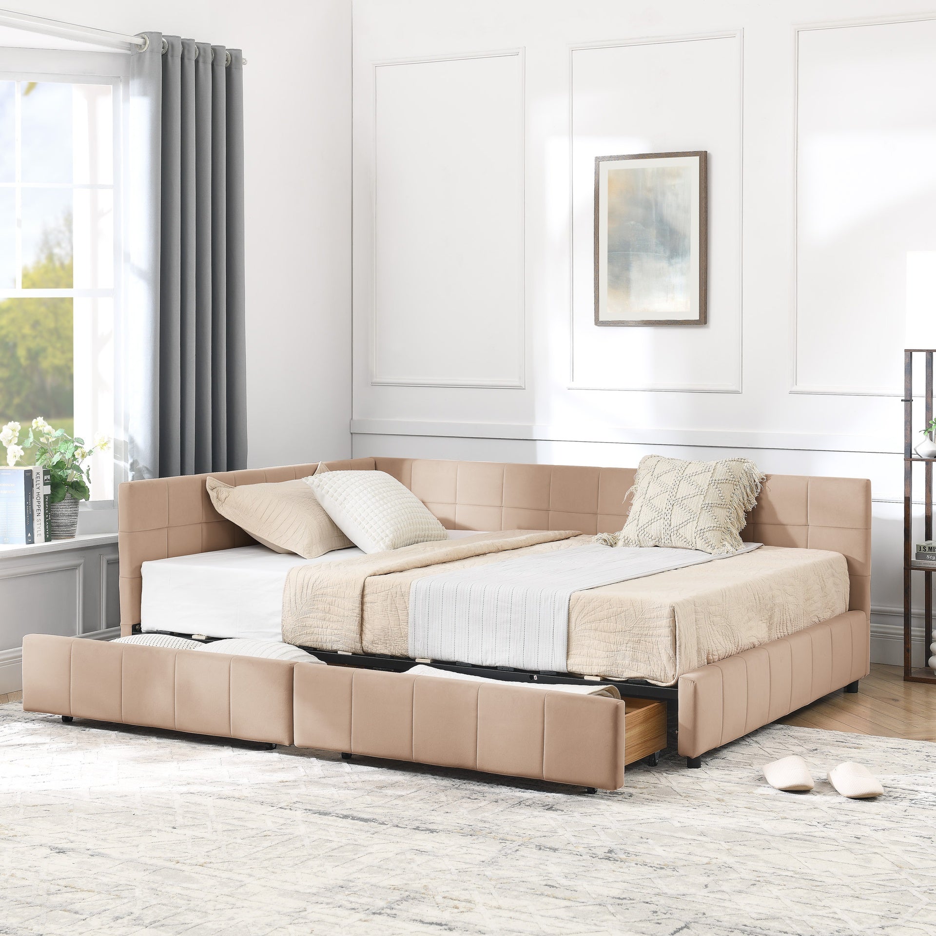 Full Size Storage Upholstered Tufted Bed Frame, Sofa Bed Frame with Comfortable Backrest and Armrests, Full Size Bed for Bedroom, Living Room,Velvet, PINK(80.5''*59''*29.5'')