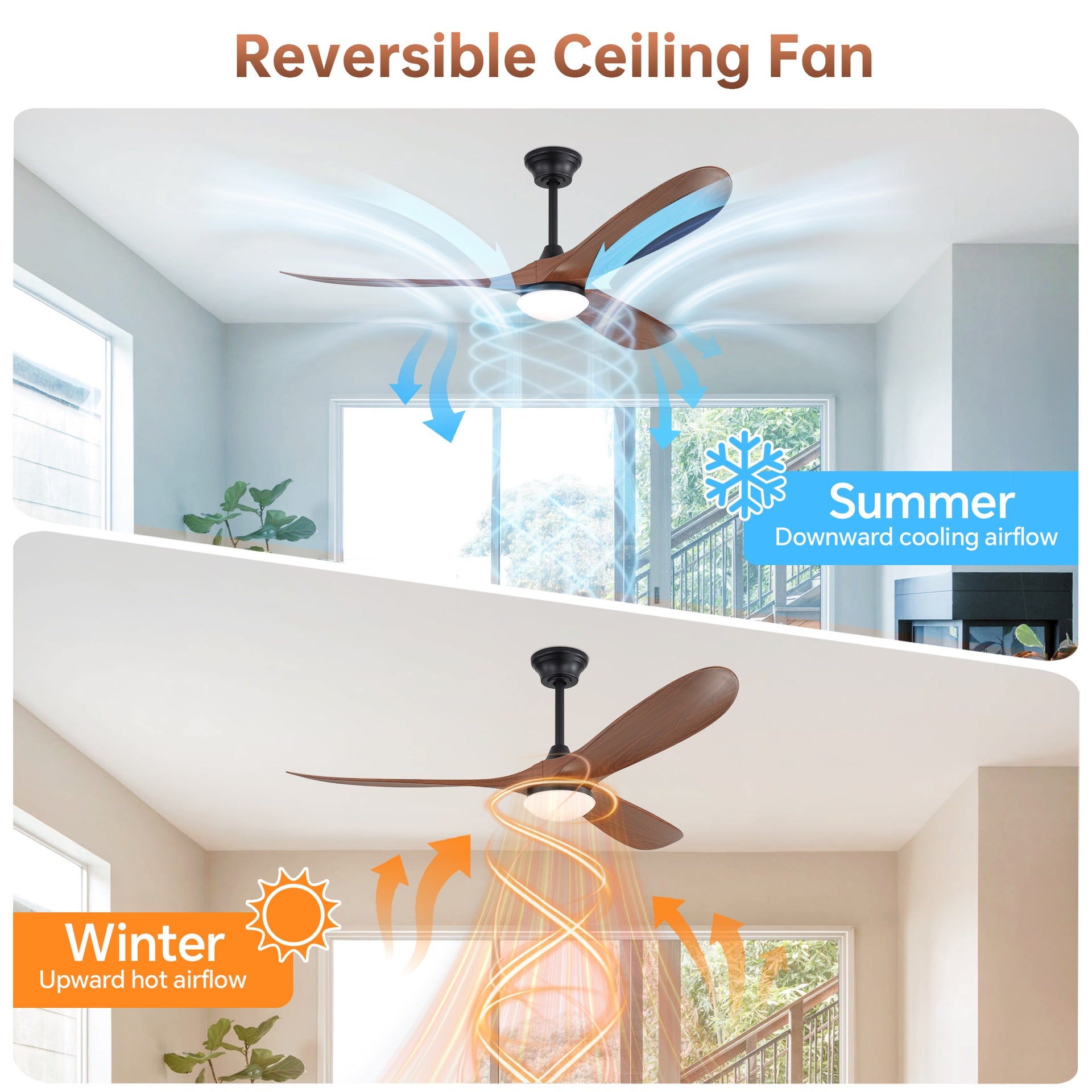 60 Inch Ceiling Fan with Lights 2 Downrods, 3 ABS Fan Blades, High CFM Quiet Energy Efficient DC Motor, Smart App & Remote Control