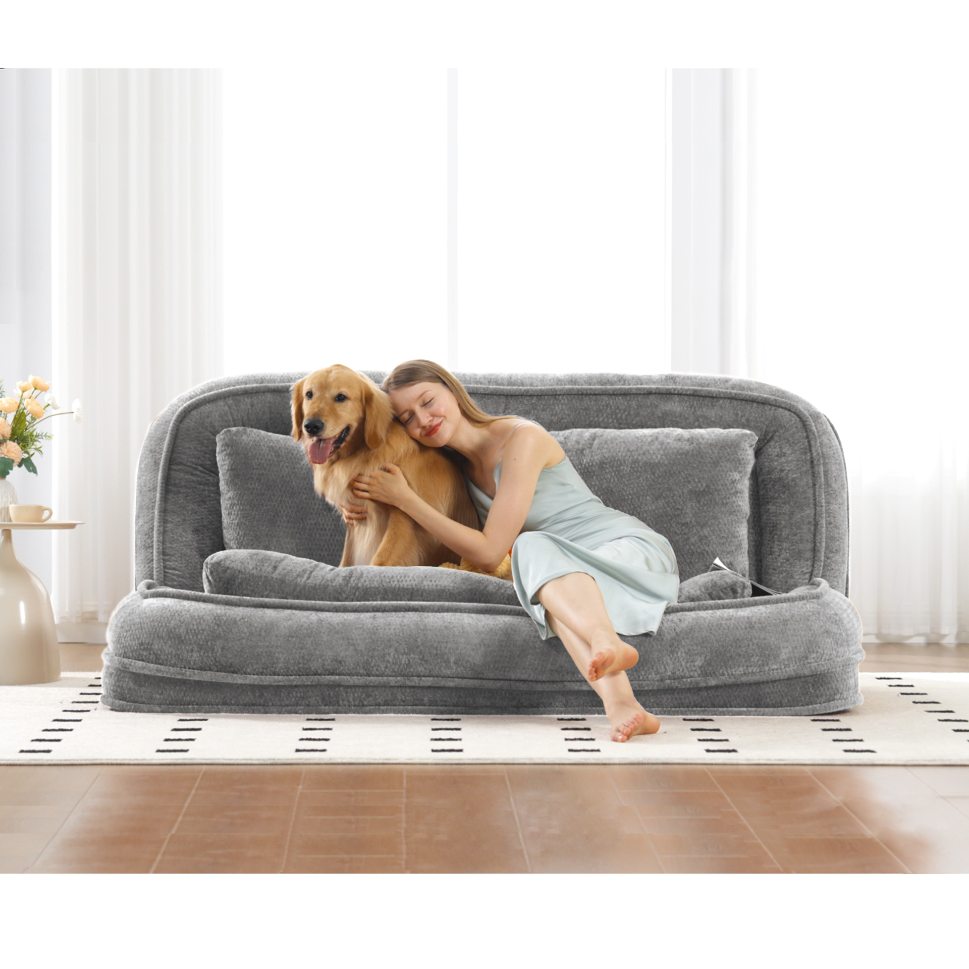 [NEW ARRIVED] [VIDEO PROVIDED] Double human dog bed,Lazy sofa ,Loveseat,Fits You & Pets,Extra Large Floor Couch,Can sit or lie down,2-in-1,5 Adjustable Position, Plump Pillow,2 Seat,Chenille,Gray