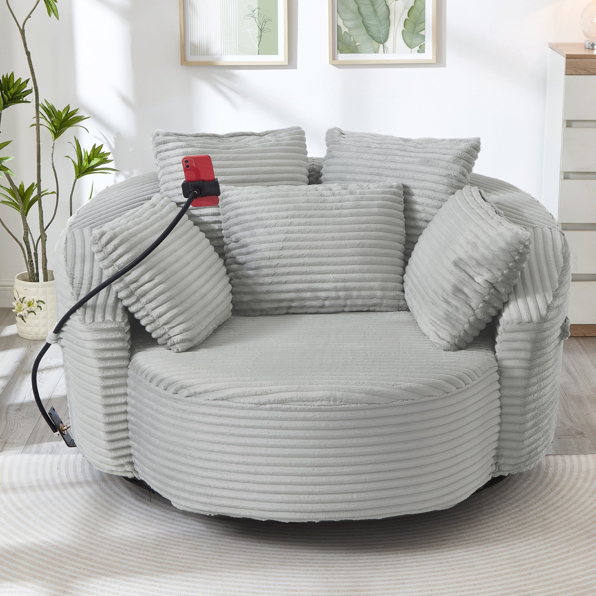360° Swivel Chair Accent Barrel Chair Corduroy Round Sofa Chair with 5 Throw Pillows and an Adjustable Phone Holder for Living Room, Bedroom, Office and Hotel, Light Grey