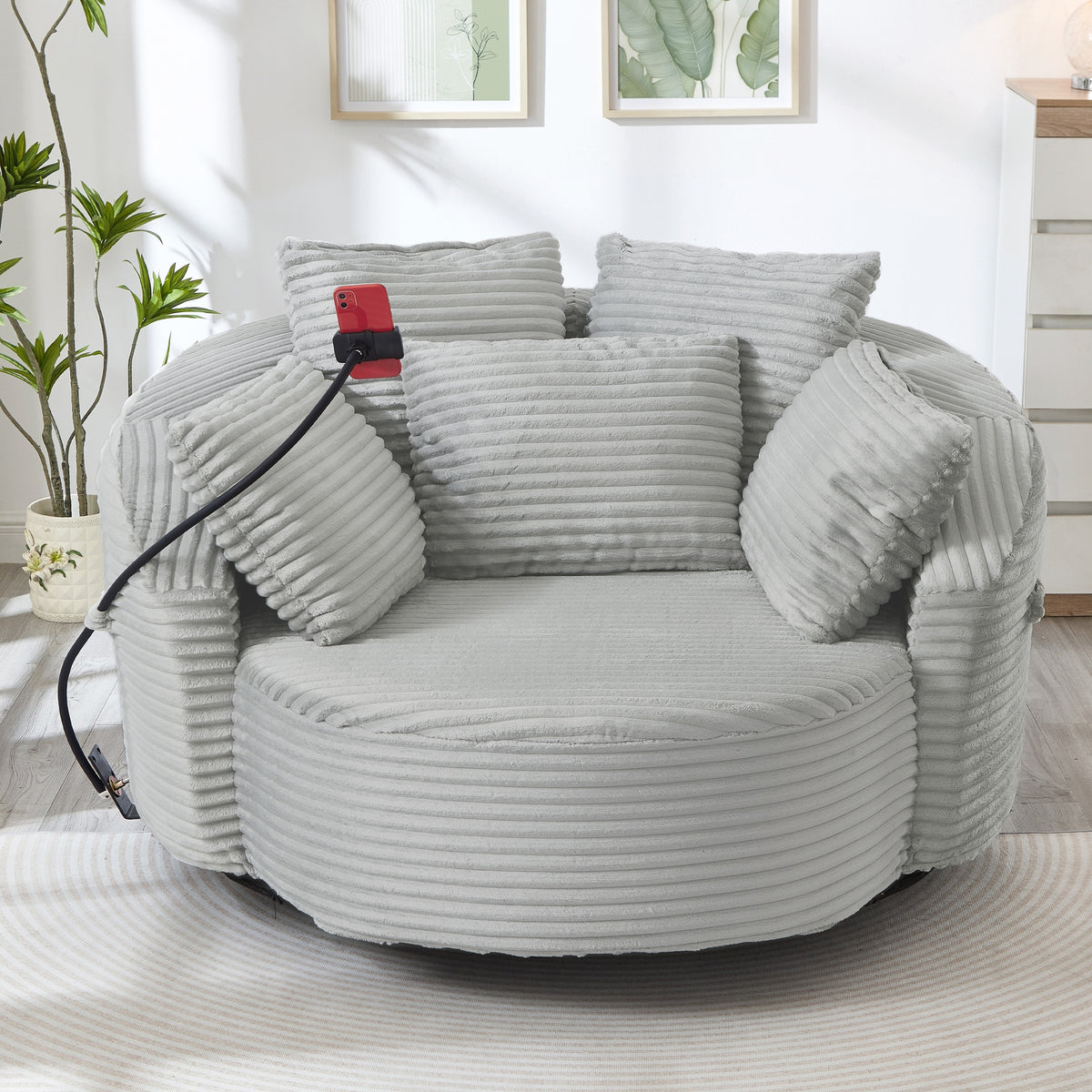 360° Swivel Chair Accent Barrel Chair Corduroy Round Sofa Chair with 5 Throw Pillows and an Adjustable Phone Holder for Living Room, Bedroom, Office and Hotel, Light Grey