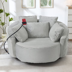 360° Swivel Chair Accent Barrel Chair Corduroy Round Sofa Chair with 5 Throw Pillows and an Adjustable Phone Holder for Living Room, Bedroom, Office and Hotel, Light Grey