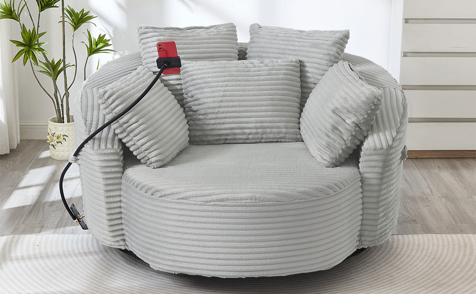 360° Swivel Chair Accent Barrel Chair Corduroy Round Sofa Chair with 5 Throw Pillows and an Adjustable Phone Holder for Living Room, Bedroom, Office and Hotel, Light Grey