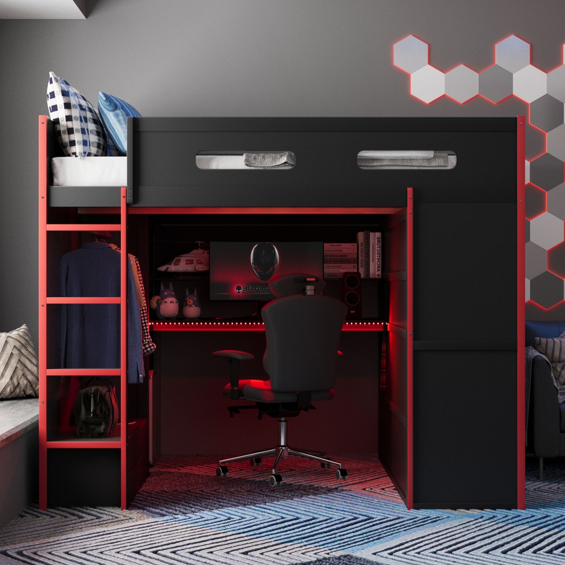 Full Size Wood Loft Bed with Desk,Wardrobe,Ample Storage Space,and RGB Light, Red(OLD SKU:LT000261AAR)