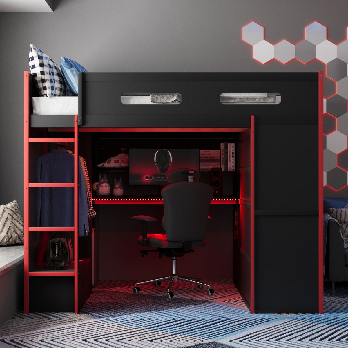 Full Size Wood Loft Bed with Desk,Wardrobe,Ample Storage Space,and RGB Light, Red(OLD SKU:LT000261AAR)