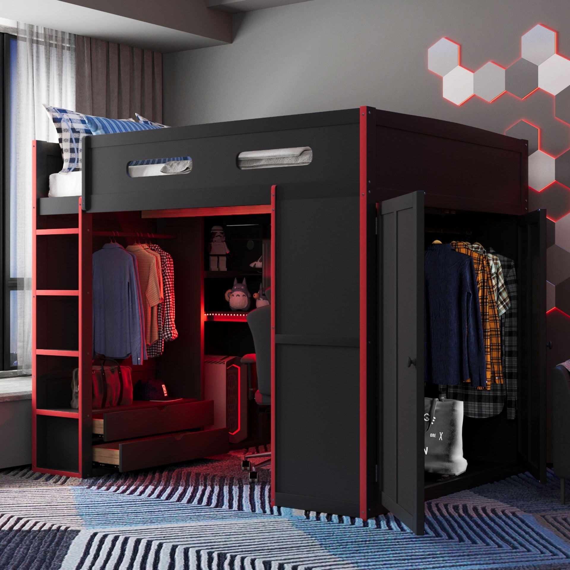 Full Size Wood Loft Bed with Desk,Wardrobe,Ample Storage Space,and RGB Light, Red(OLD SKU:LT000261AAR)