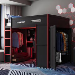 Full Size Wood Loft Bed with Desk,Wardrobe,Ample Storage Space,and RGB Light, Red(OLD SKU:LT000261AAR)