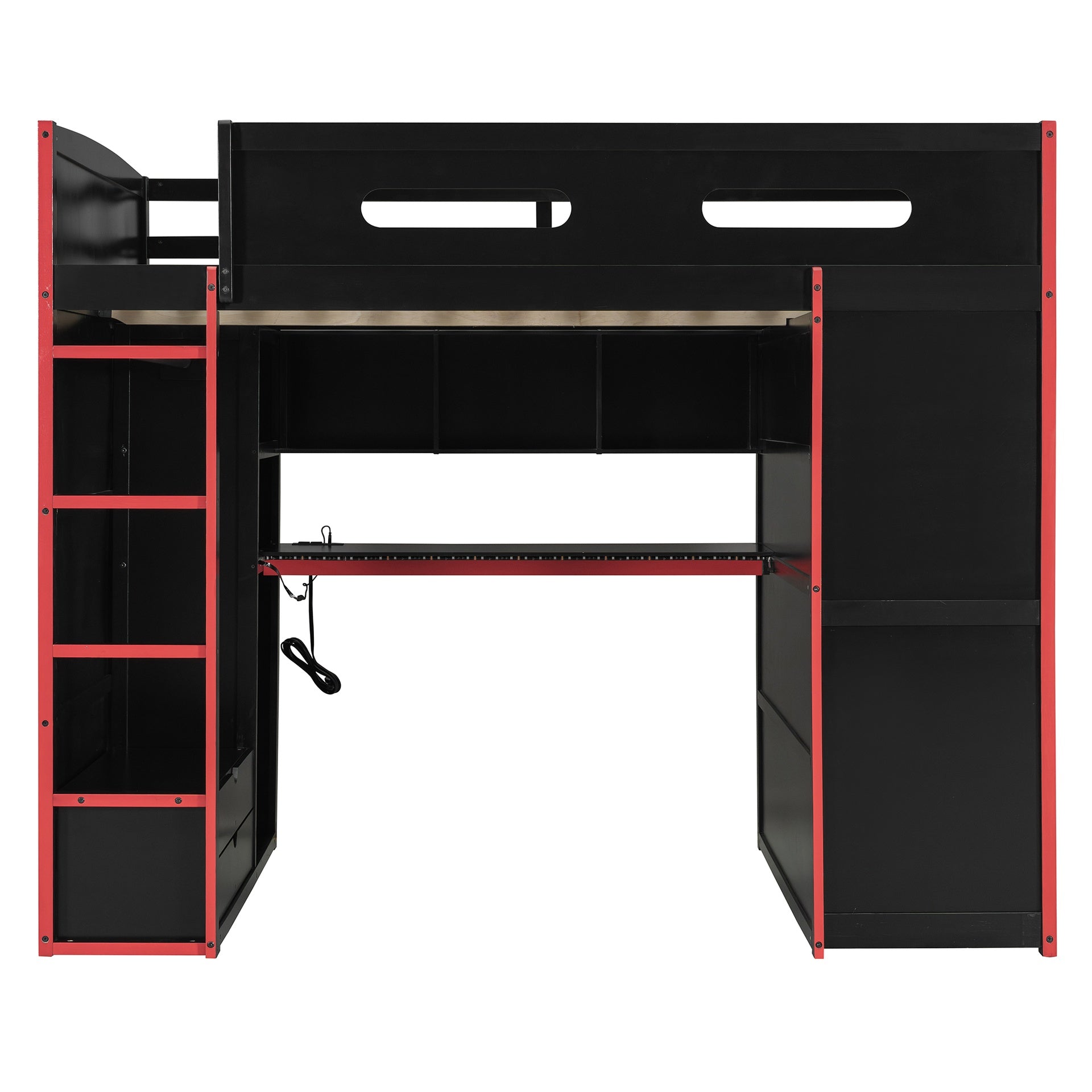 Full Size Wood Loft Bed with Desk,Wardrobe,Ample Storage Space,and RGB Light, Red(OLD SKU:LT000261AAR)