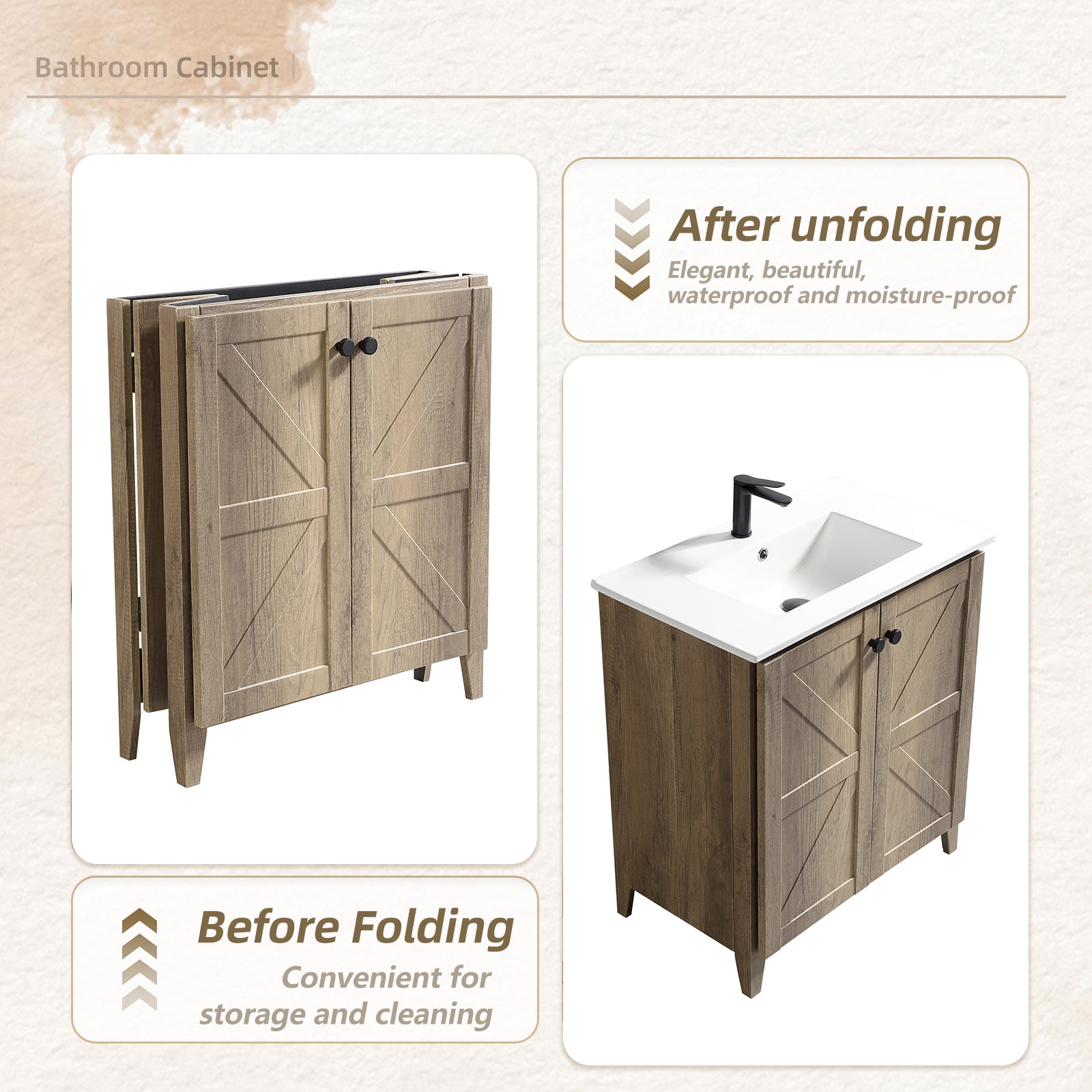 30inch Antique Grey Folding Floor Cabinet With Ceramic Sink– Patented 1-Minute Install, Space-Saving & Easy Assemble,American style
