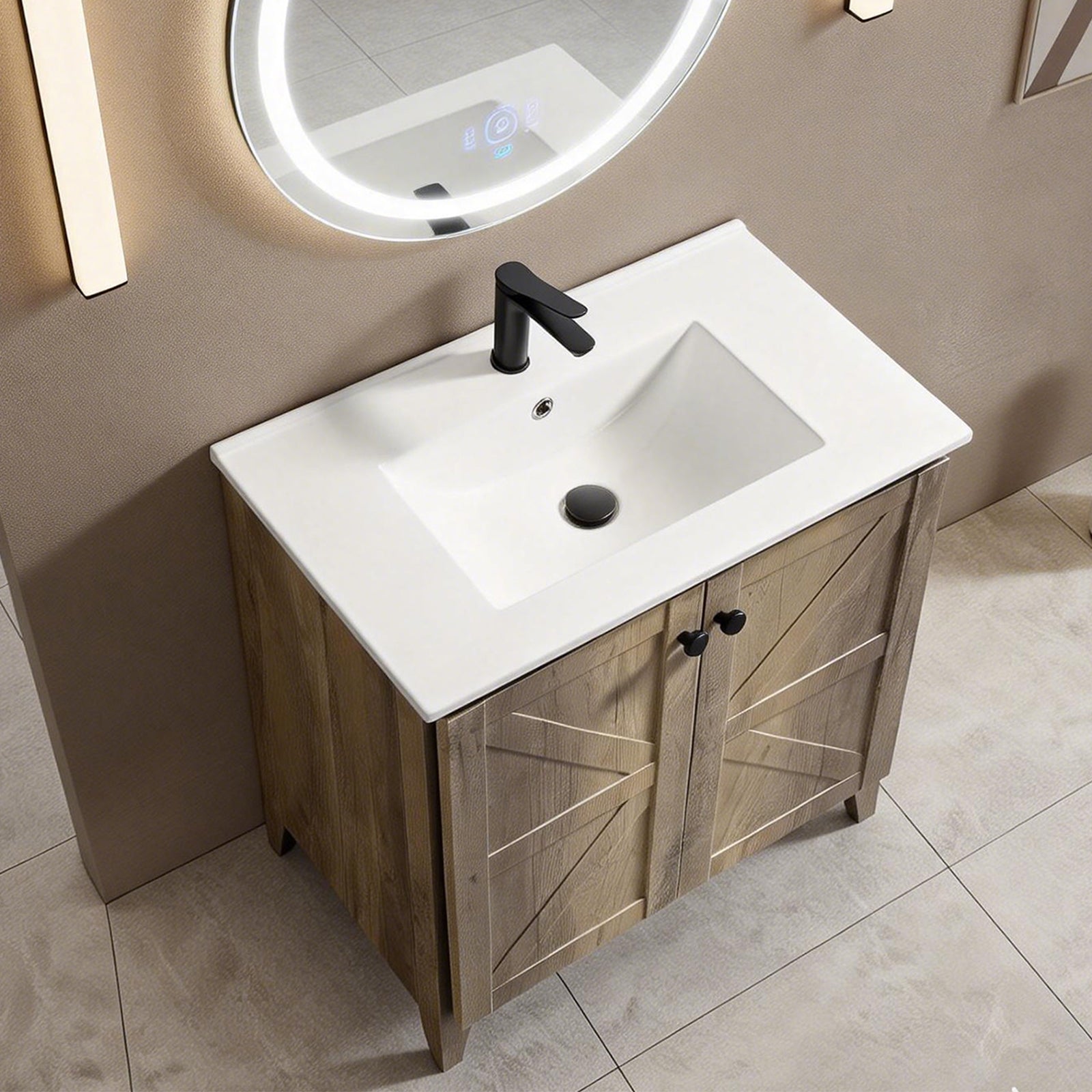 30inch Antique Grey Folding Floor Cabinet With Ceramic Sink– Patented 1-Minute Install, Space-Saving & Easy Assemble,American style