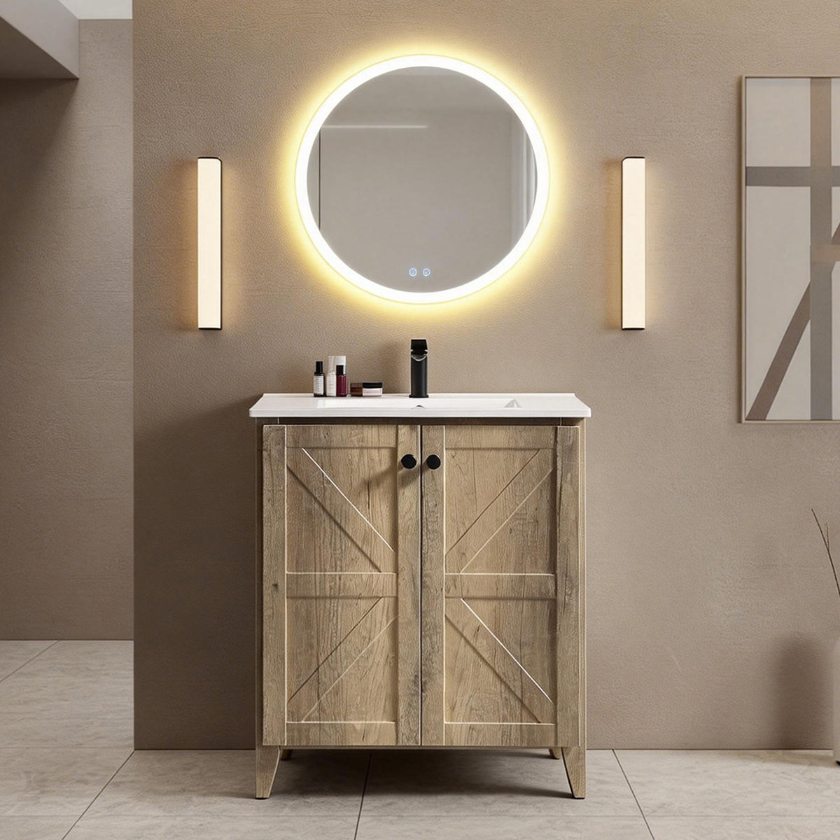 30inch Antique Grey Folding Floor Cabinet With Ceramic Sink– Patented 1-Minute Install, Space-Saving & Easy Assemble,American style